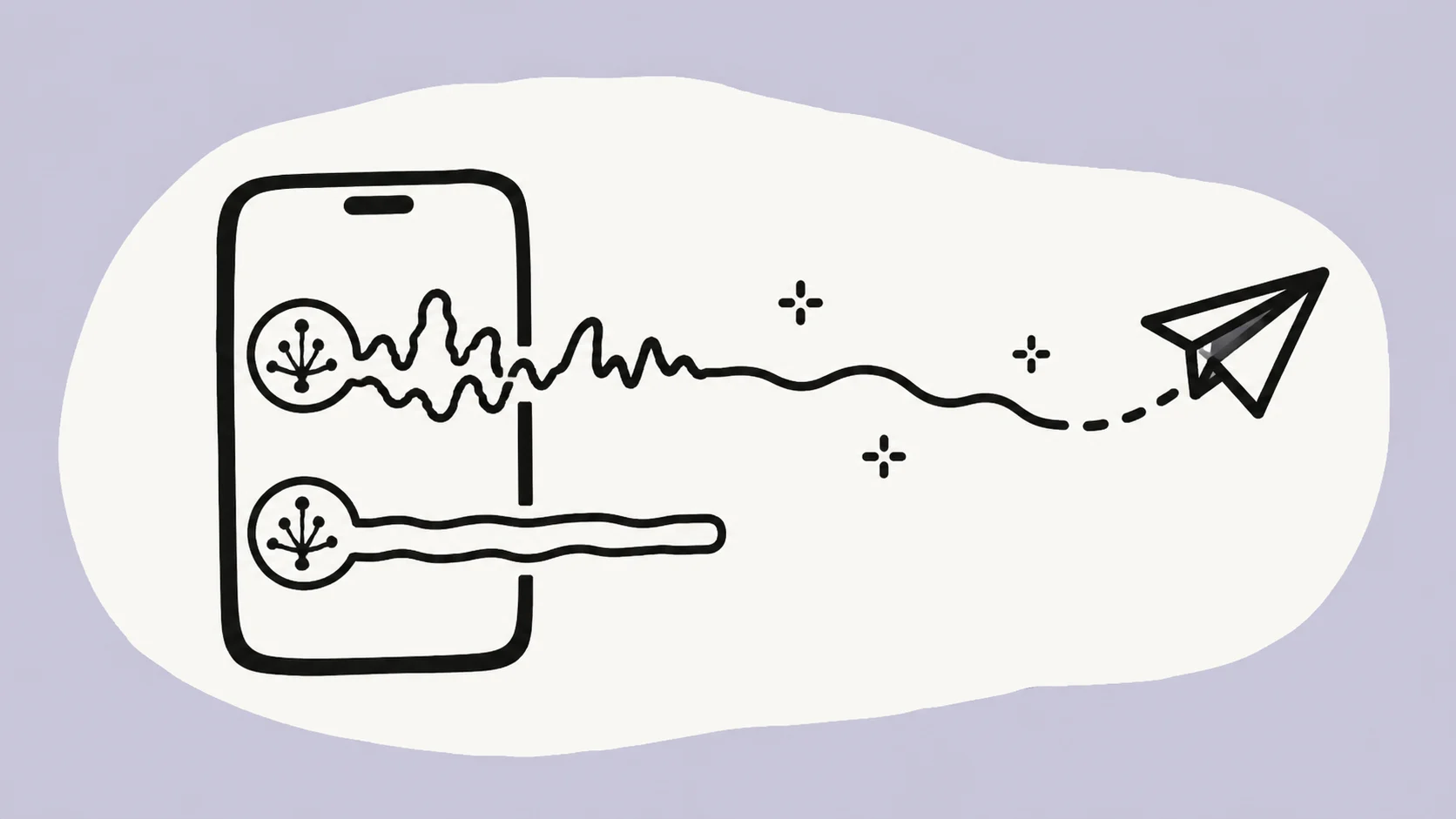 An ivory phone carrier sends two hand-drawn waveform paths outward, one untouched and one cleaner, across a violet field.