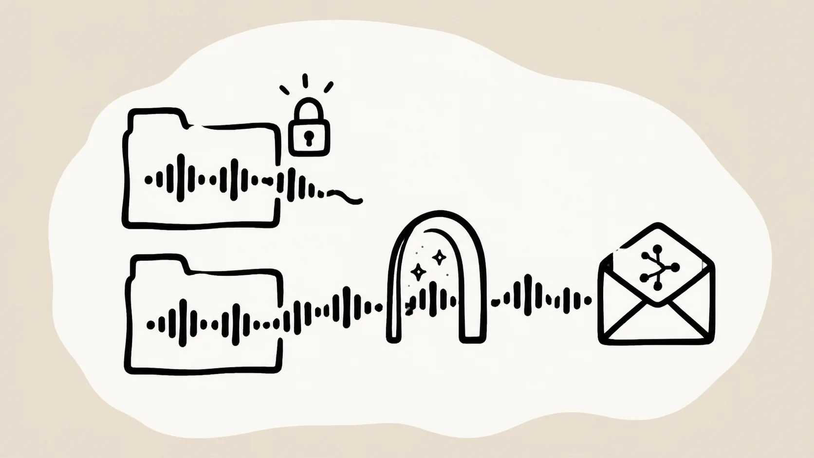 An ivory split-path carrier keeps an original speech ribbon intact while a duplicate passes through a simple noise sieve on an oat-beige field.