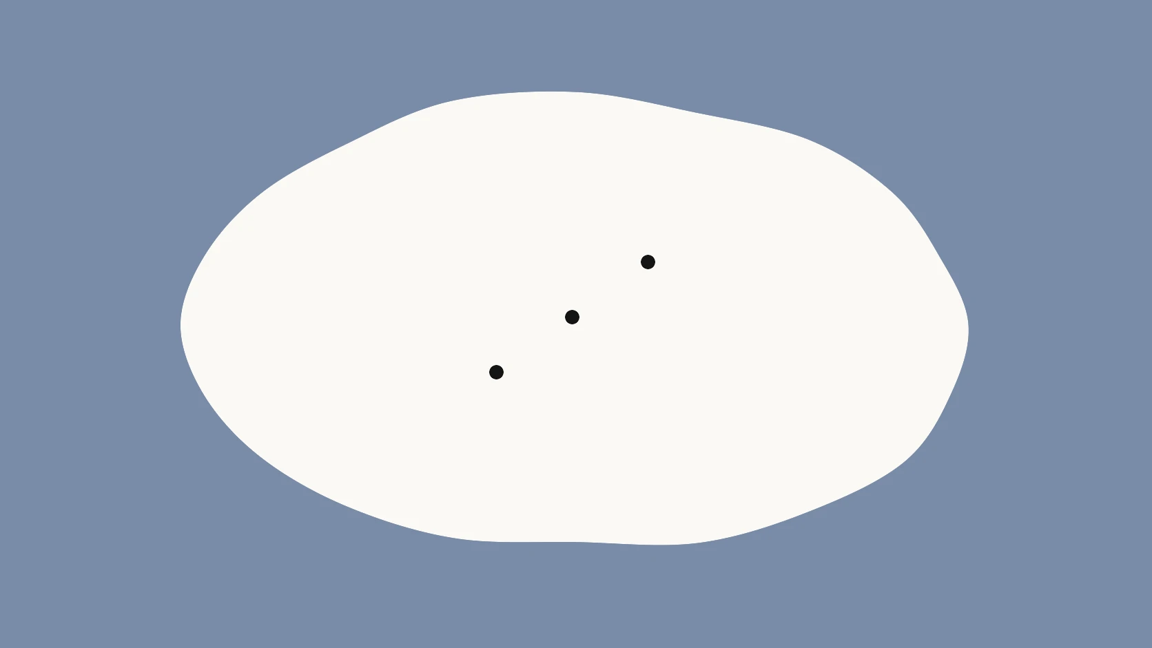 An ivory carrier on a periwinkle-grey field with three black dots rising on a gentle diagonal