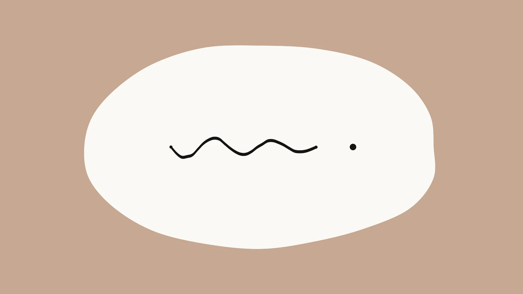 An ivory carrier crossed by a wavy black stroke that flattens into a single clean dot on a clay field