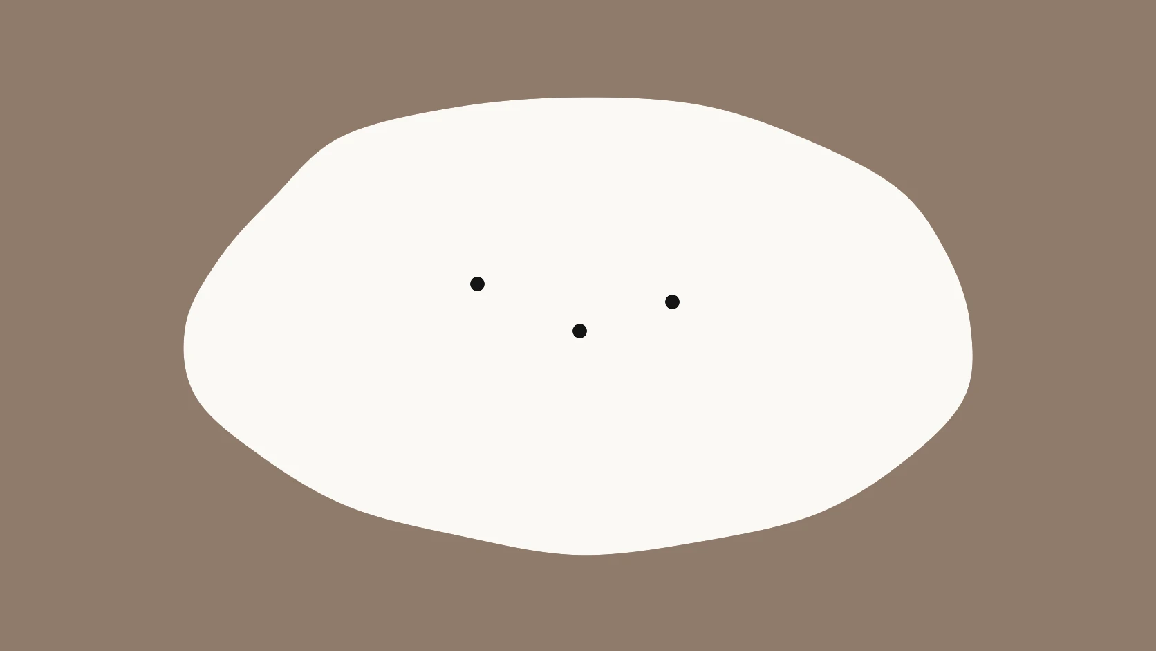 An ivory carrier on a walnut-grey field with three black dots scattered at uneven heights like key taps
