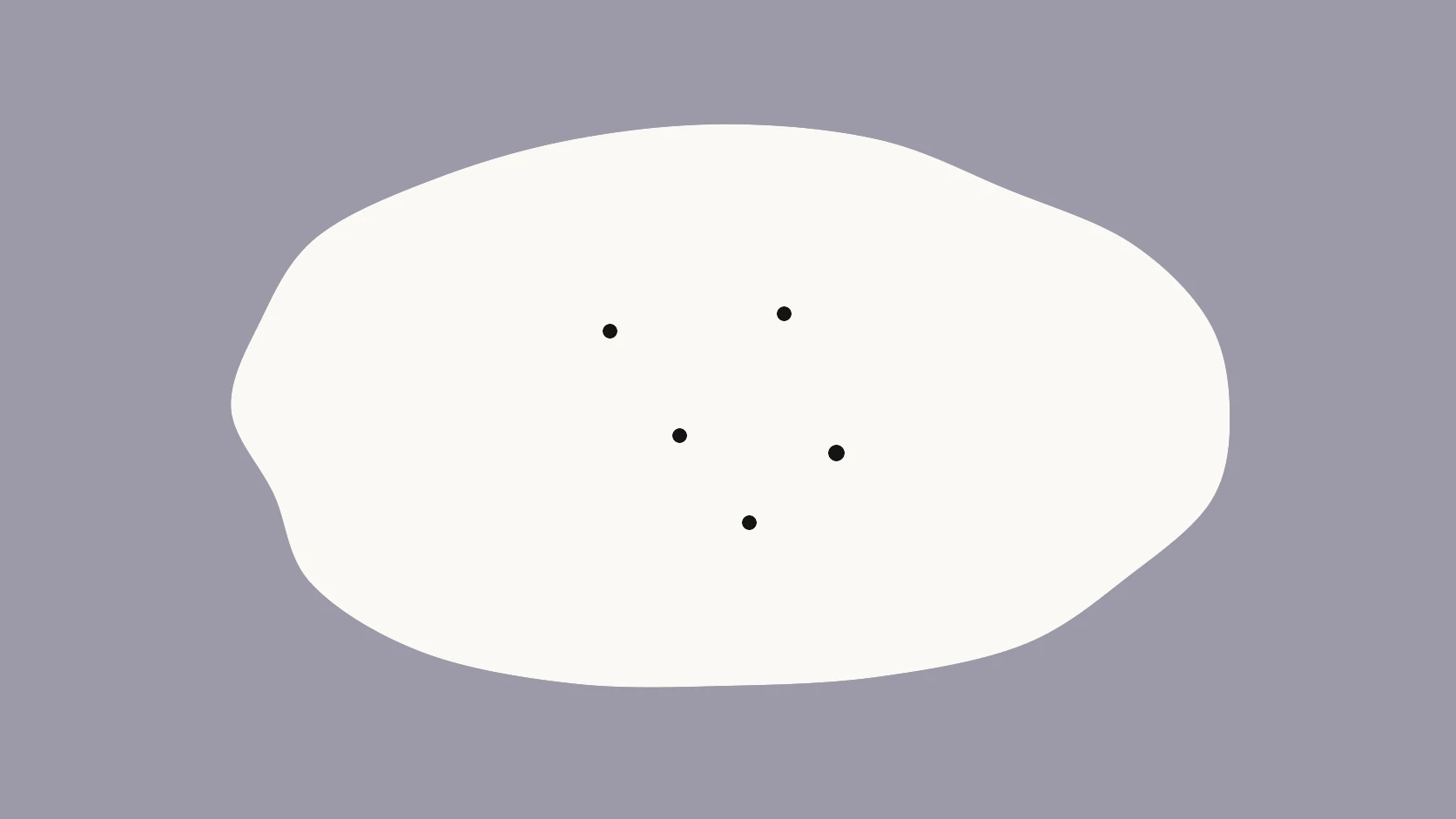 An ivory carrier on a grey-lilac field with five small black dots scattered like sparks
