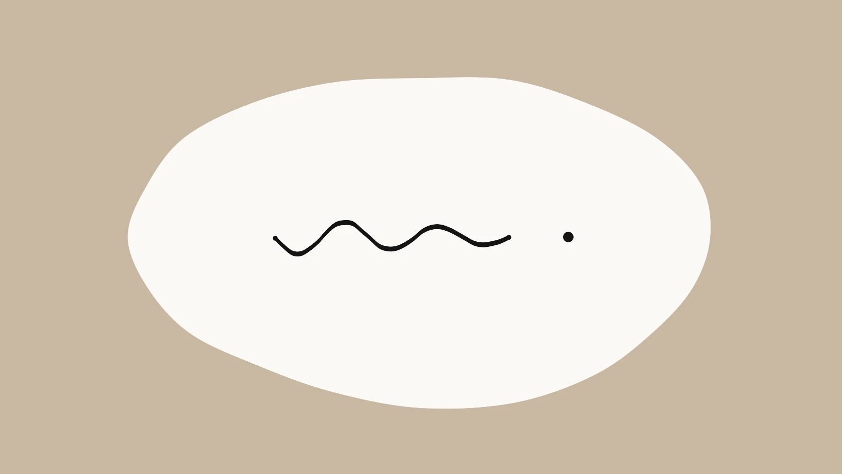 An ivory carrier crossed by a wavy black stroke that flattens into a single clean dot on a lichen field