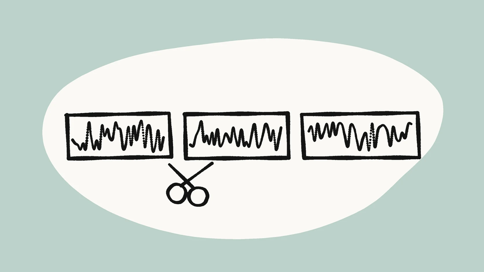 A long waveform on a strip of paper, cut into three pieces at quiet gaps, with scissors resting nearby.