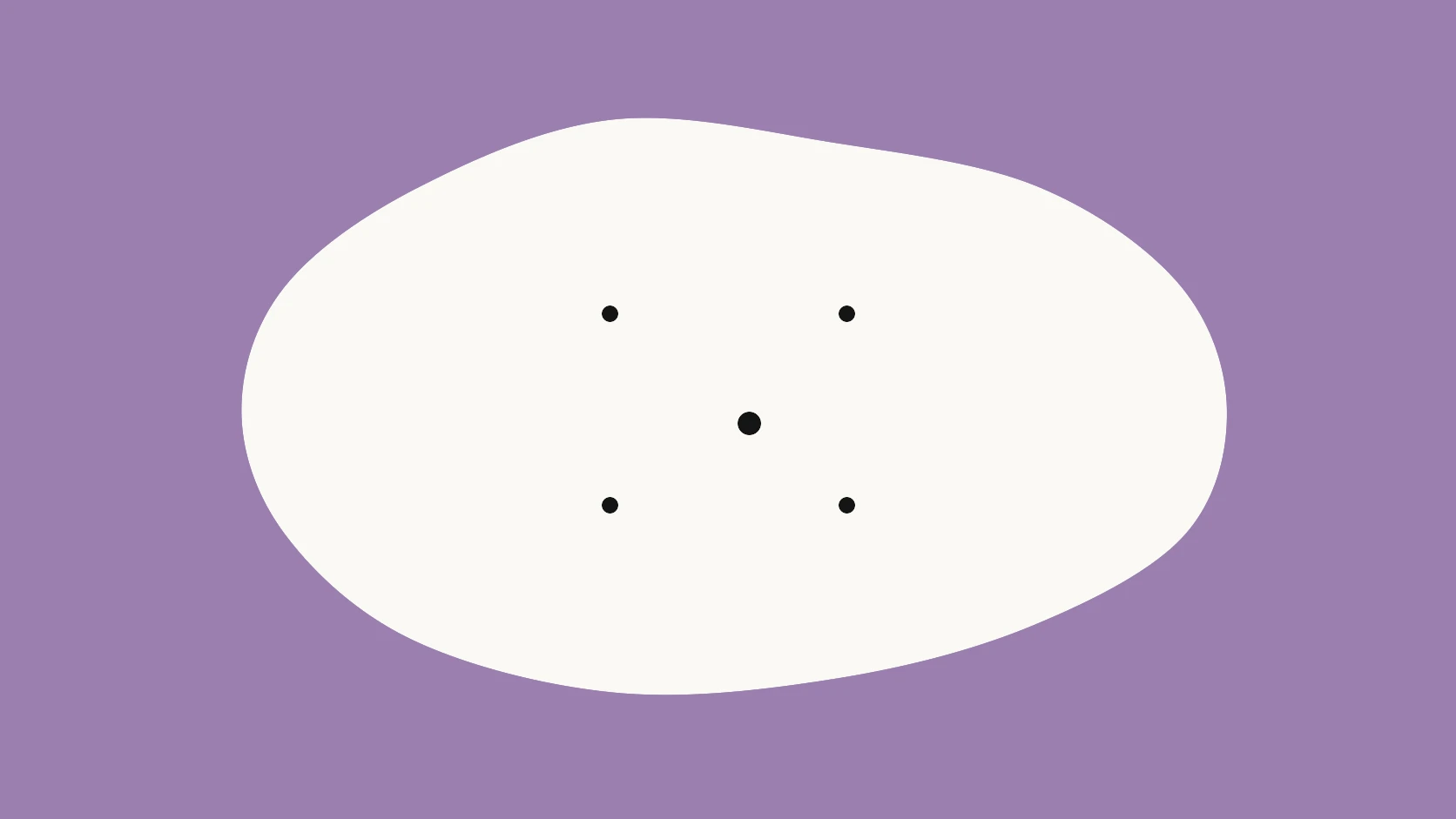 An ivory carrier on a muted plum field with five black dots in a quincunx, one center dot set slightly apart like a step that did not land
