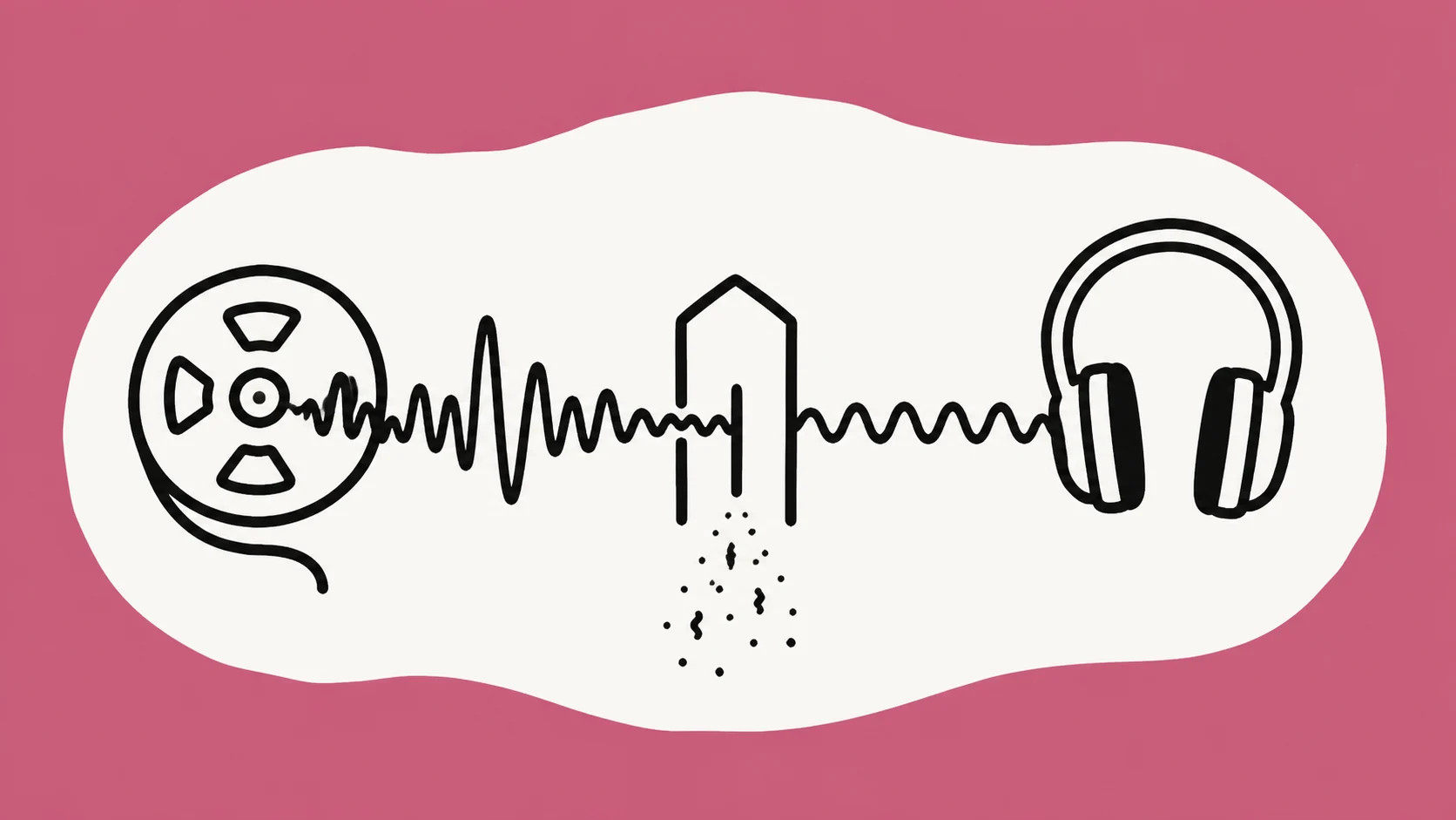 An ivory headphone and tape-spool carrier holds a spoken waveform while loose black hiss marks drift away on a coral field.