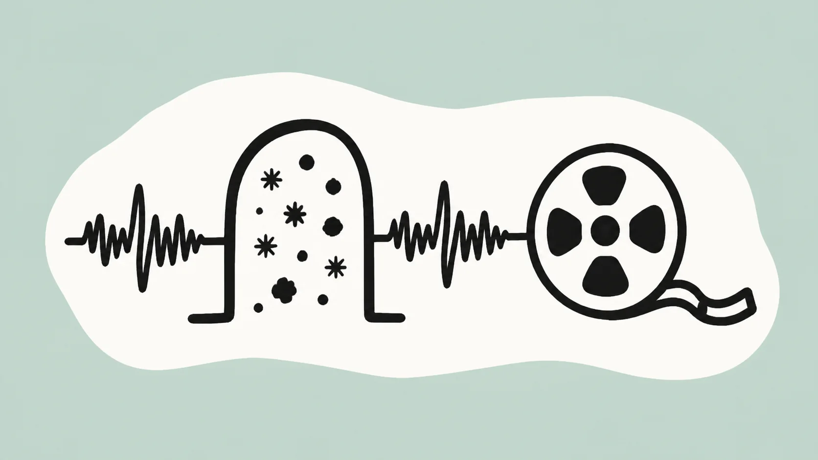 An ivory four-stage carrier shows a raw speech ribbon passing through a simple noise screen toward a cleaner export reel on a teal field.