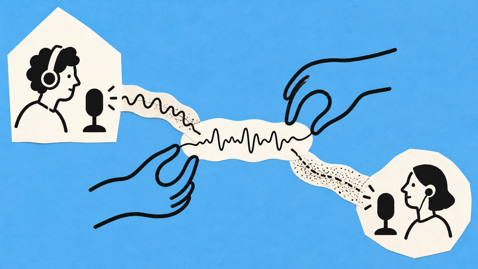 Two remote speakers with microphones send separate noisy paper ribbons from opposite sides toward a central hand-guided clear waveform on a blue field.