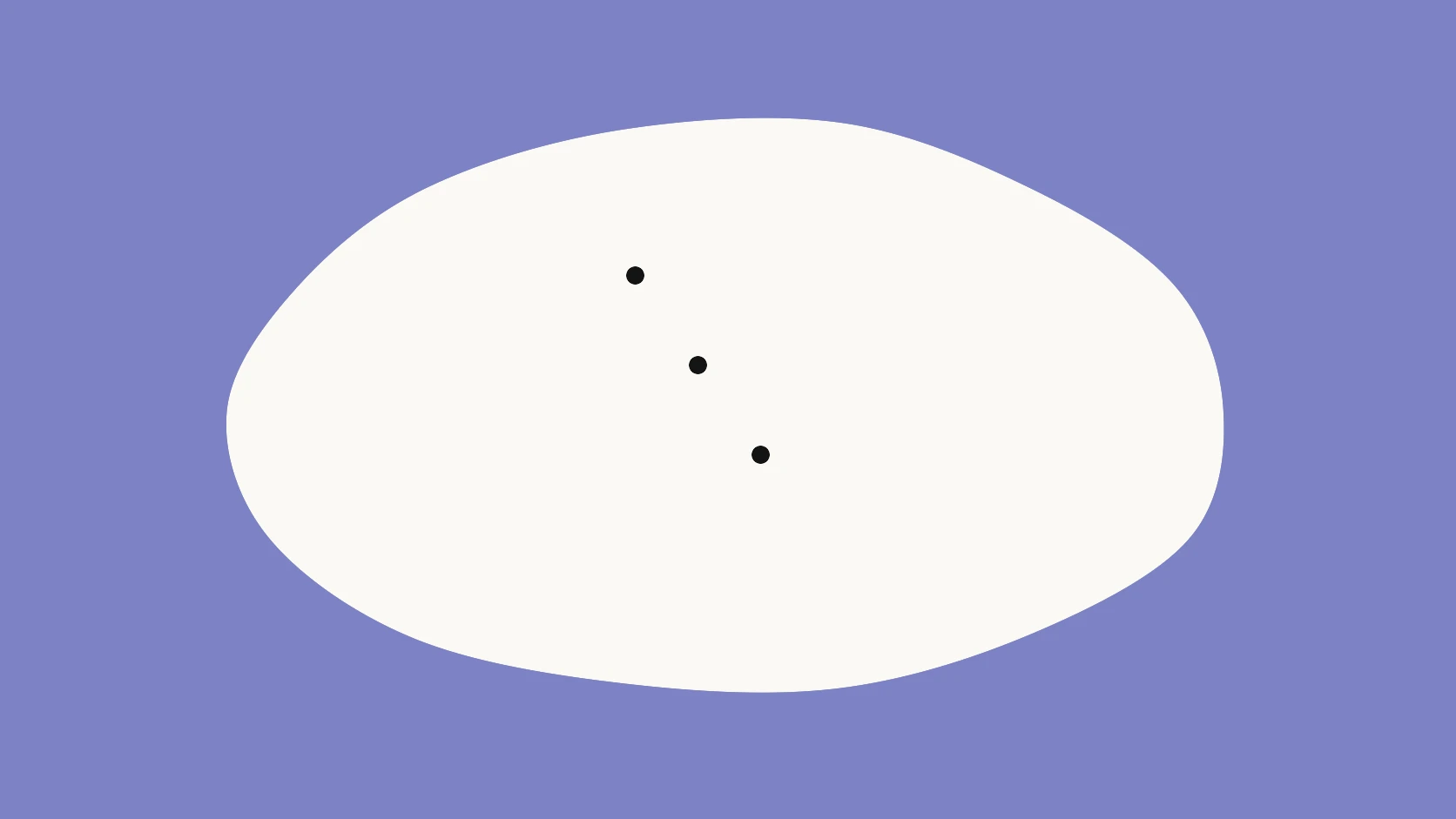 An ivory organic shape on a muted blurple field with three black dots stepping down like a fading signal