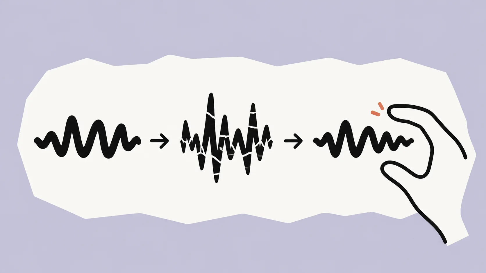 One irregular ivory carrier containing three waveform stages—a natural signal, a jagged processed signal, and a steadier selected signal—on a heather field.
