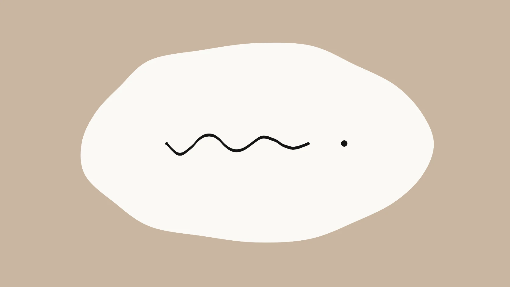 An ivory carrier crossed by a wavy black stroke that flattens into a single clean dot on a sand-clay field