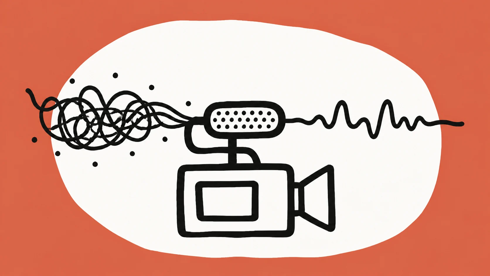An ivory camera-shaped carrier sends a messy hand-drawn noise storm toward a calmer speech waveform on an amber field.