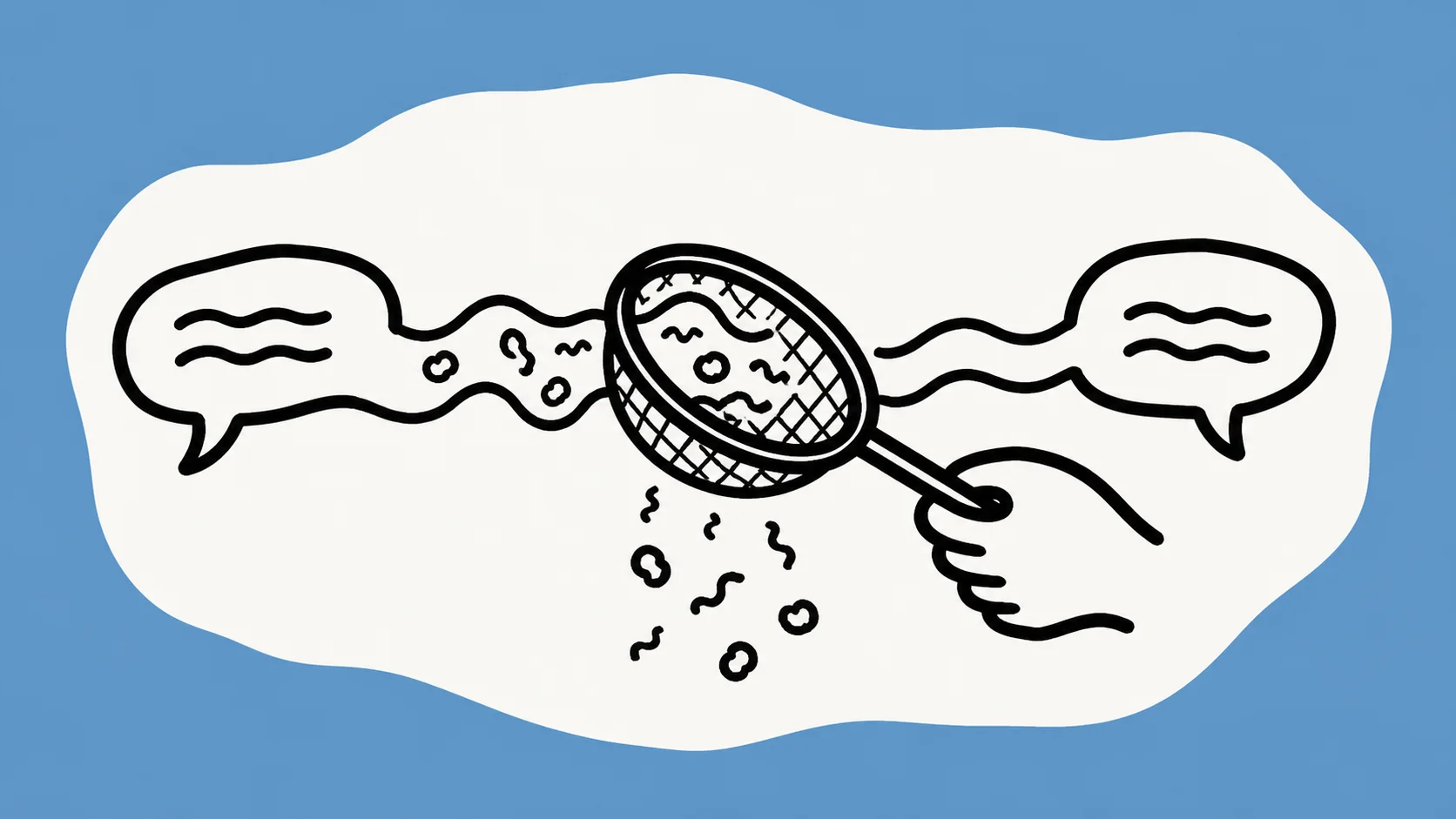 An ivory sieve-like carrier separates black loops representing hum and room tone from a clear speech ribbon on a cobalt field.