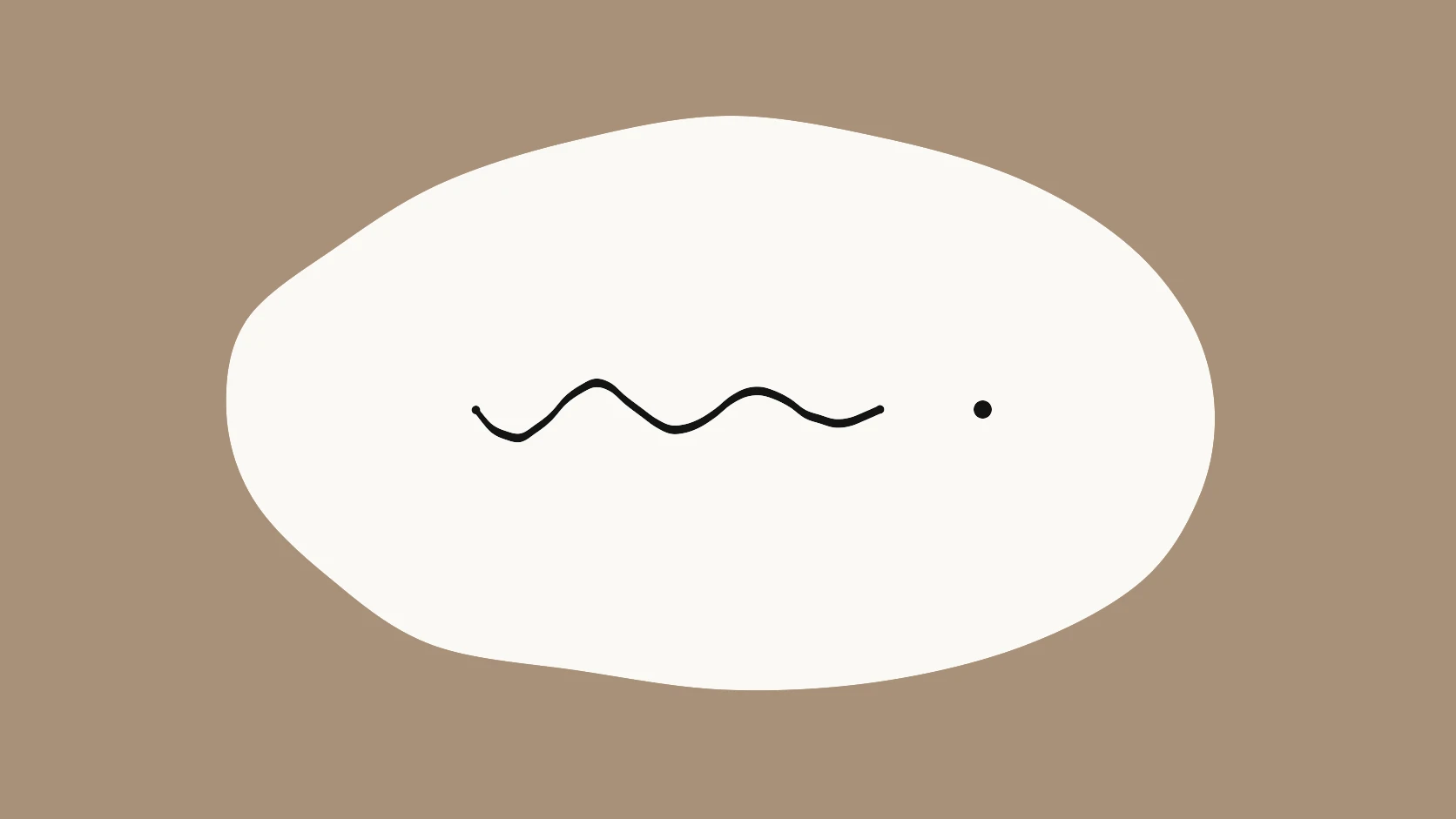 An ivory carrier crossed by a wavy black stroke that flattens into a single clean dot on a taupe field